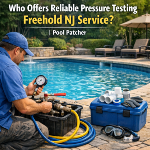 Pool technician using pressure testing equipment on plumbing pipes near a residential pool in Freehold, NJ.