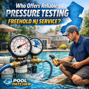 Technician performing reliable pressure testing on a Freehold, NJ pool plumbing system.
