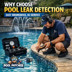 Technician using specialized equipment to detect leaks in a residential swimming pool in East Brunswick, NJ.