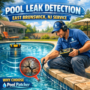 Technician using specialized equipment to detect pool leaks at a residential pool in East Brunswick, NJ.
