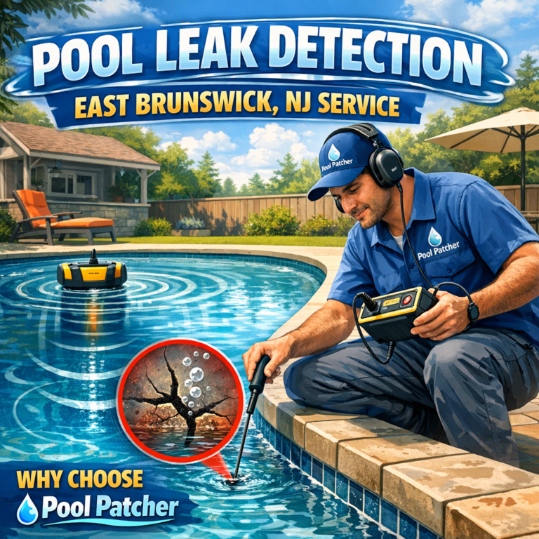 Technician using specialized equipment to detect pool leaks at a residential pool in East Brunswick, NJ.
