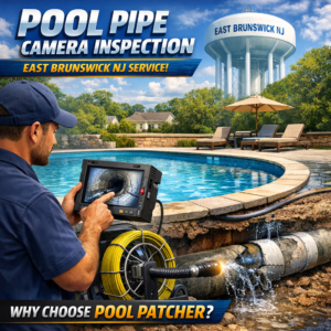 Technician performing pool pipe camera inspection to check plumbing condition in East Brunswick, NJ.