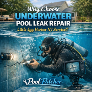 Technician repairing an underwater pool leak in Little Egg Harbor, NJ, using specialized equipment.