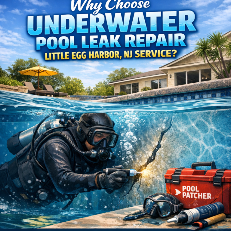 Professional diver repairing an underwater pool leak using patching tools in Little Egg Harbor, NJ.