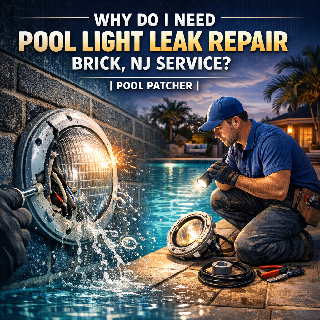 Technician repairing a pool light leak underwater with specialized tools.