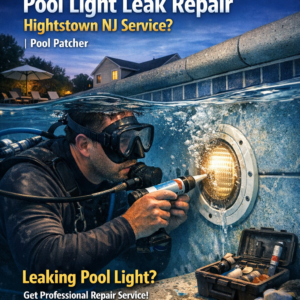 Underwater technician repairing a pool light leak with specialized tools in a residential pool in Hightstown, NJ.