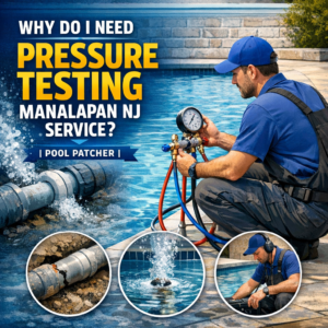 Technician performing pressure testing on pool plumbing in Manalapan, NJ for maintenance service.