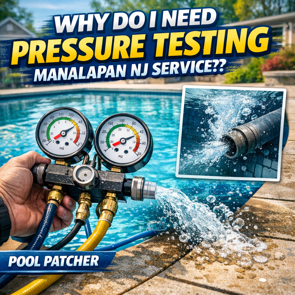 Technician performing pressure testing on a pool pipe to detect leaks in Manalapan, NJ.