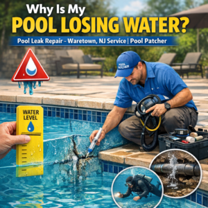 Close-up of a cracked pool surface with a patch applied, illustrating pool leak repair in Waretown, NJ.