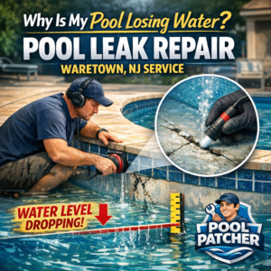 A backyard pool losing water with a technician inspecting for leaks during repair service in Waretown, NJ.