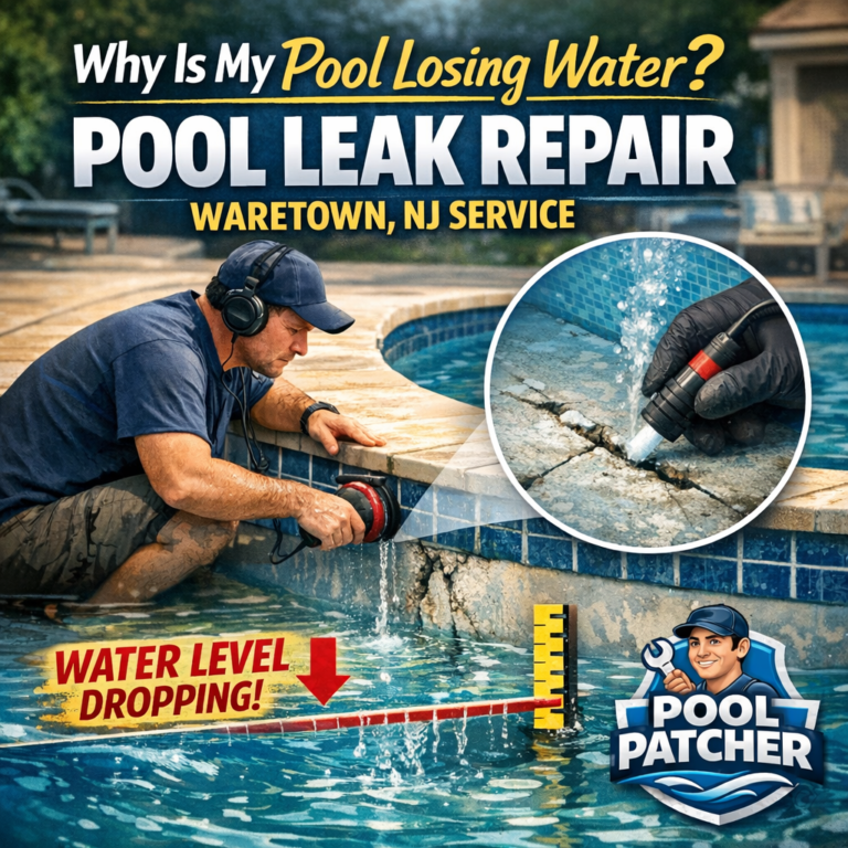 A backyard pool losing water with a technician inspecting for leaks during repair service in Waretown, NJ.