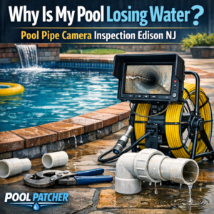 Technician performing a pool pipe camera inspection to find leaks causing water loss in a residential pool.