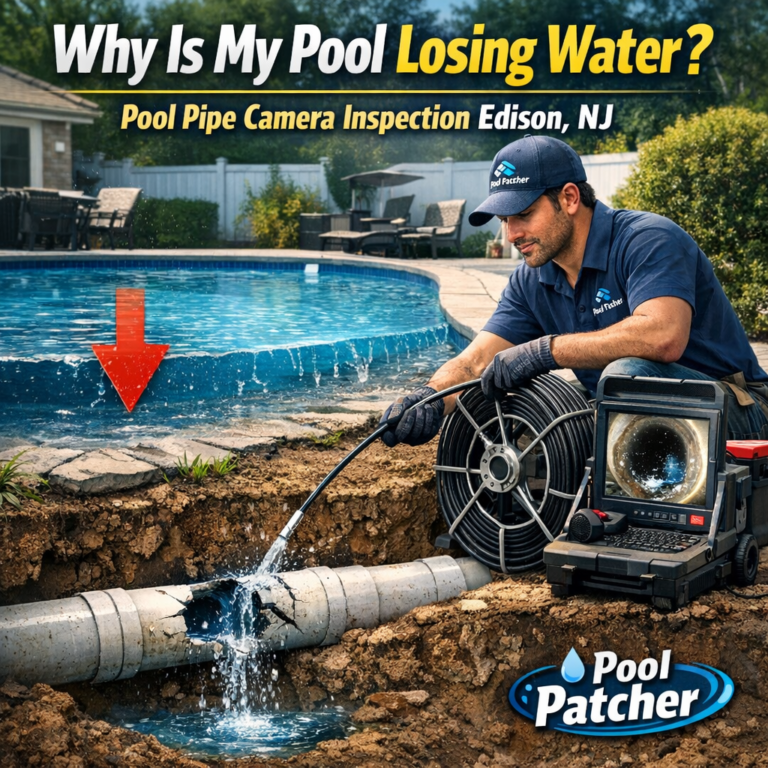 Pool technician using a camera to inspect pipes for water loss in a residential swimming pool.