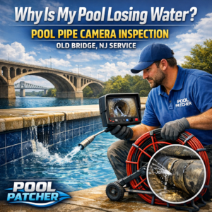Underwater view of a camera inspecting pool pipes to find the cause of water loss in Old Bridge, NJ.