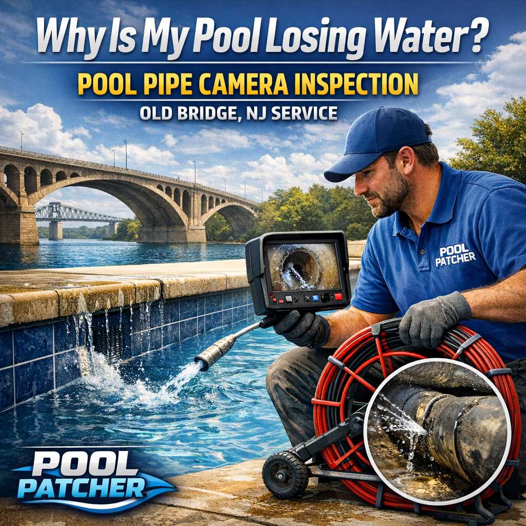 Underwater view of a camera inspecting pool pipes to find the cause of water loss in Old Bridge, NJ.