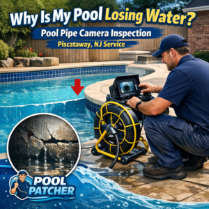 Technician performing pool pipe camera inspection to find water loss in Piscataway, NJ backyard pool.
