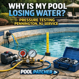 Pressure testing equipment connected to a pool for water loss detection in Pennington, NJ.