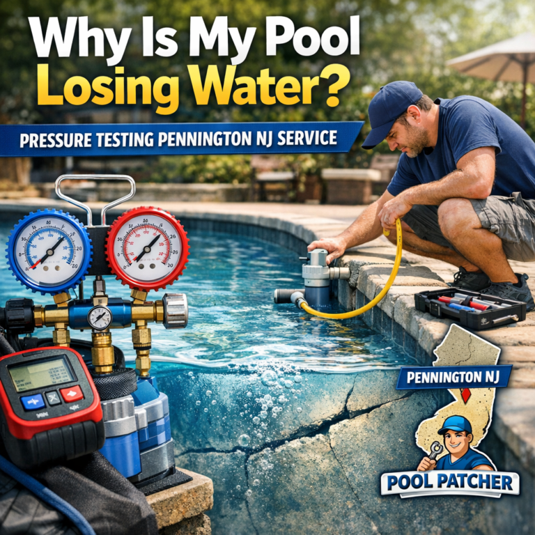Technician performs pressure testing on a pool pipe to detect water loss in Pennington, NJ.