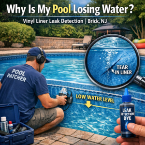 A technician inspects a vinyl liner pool in Brick, NJ for leaks and water loss.