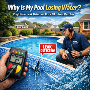 Technician inspecting a vinyl liner pool for leaks using leak detection equipment in Brick, NJ.