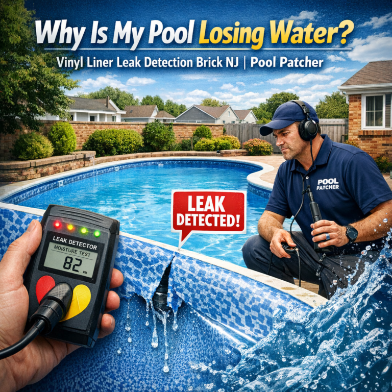 Technician inspecting a vinyl liner pool for leaks using leak detection equipment in Brick, NJ.