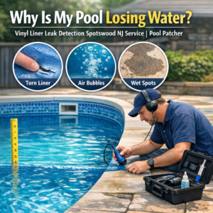 Close-up of technician inspecting a vinyl liner pool for leak detection and repair in Spotswood, NJ.