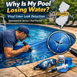 Pool technician checking for vinyl liner leaks in a backyard swimming pool in Spotswood, NJ.