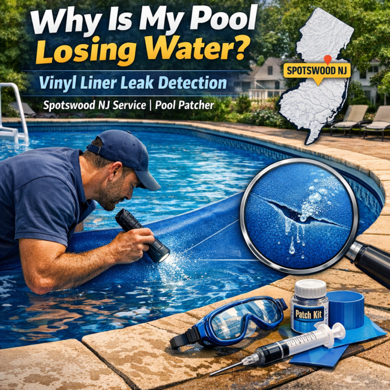 Pool technician checking for vinyl liner leaks in a backyard swimming pool in Spotswood, NJ.