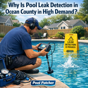 Technician using advanced equipment to detect a pool leak in Ocean County backyard pool.