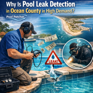 Technician using leak detection equipment on a residential swimming pool in Ocean County.