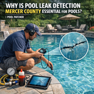 Technician using specialized equipment to detect a leak in a residential swimming pool.