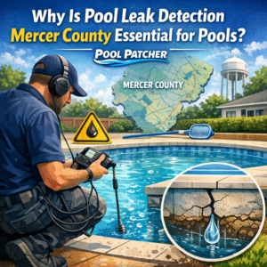 A technician inspects a swimming pool for leaks using specialized equipment in Mercer County.