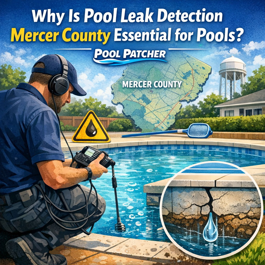 A technician inspects a swimming pool for leaks using specialized equipment in Mercer County.