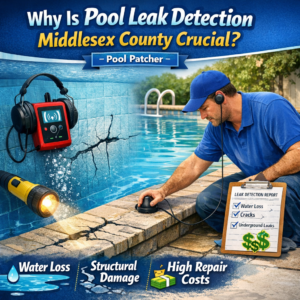 A technician inspects a residential swimming pool for leaks in Middlesex County to prevent damage and water loss.