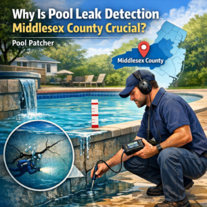 A swimming pool with clear water surrounded by a stone deck, highlighting pool leak detection services.