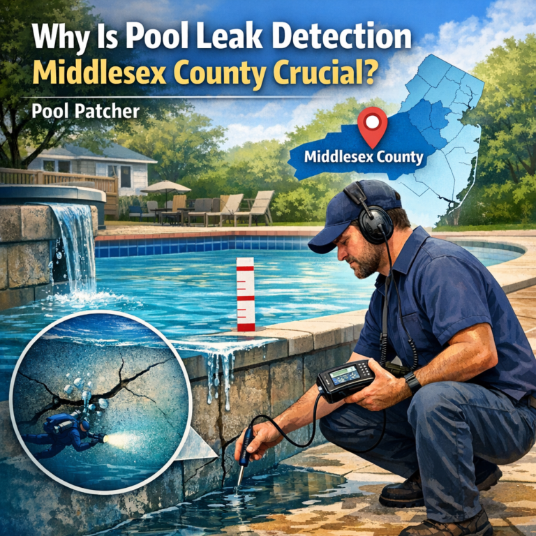 A swimming pool with clear water surrounded by a stone deck, highlighting pool leak detection services.