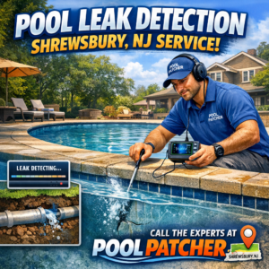 Technician using specialized equipment to detect a pool leak in a backyard pool in Shrewsbury, NJ.